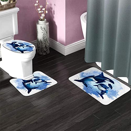 Badezimmerteppich-Set, 3-teilig, Orca-Tier, Wasserkunst, Cartoon, Aquarell, Meerestiere, waschbare Badteppiche, rutschfest, mit Rückenpolster, Konturteppich und Toilettendeckelbezug – Bild 3