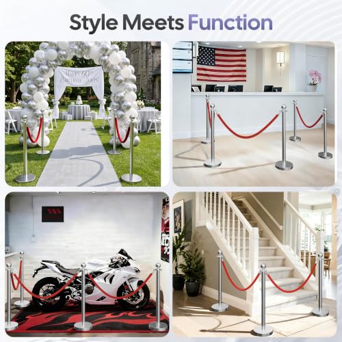 Image of 4 Pack Silver Stanchions and Velvet Ropes Set, Stainless Steel Crowd Control Barriers, 3Pcs Red Ropes and Poles for Party Supplies,Photobooth Accessories,Prom,Birthday,Business,Wedding, Museums