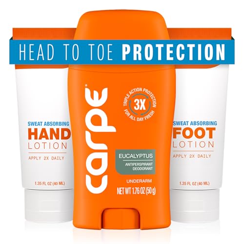 Carpe Head to Toe Bundle - Underarm Antiperspirant Deodorant - Sweat Absorbing Hand Lotion - Sweat Absorbing Foot Lotion - Manage Sweat & Odor for Hands, Feet, Underarms - Eucalyptus Scent