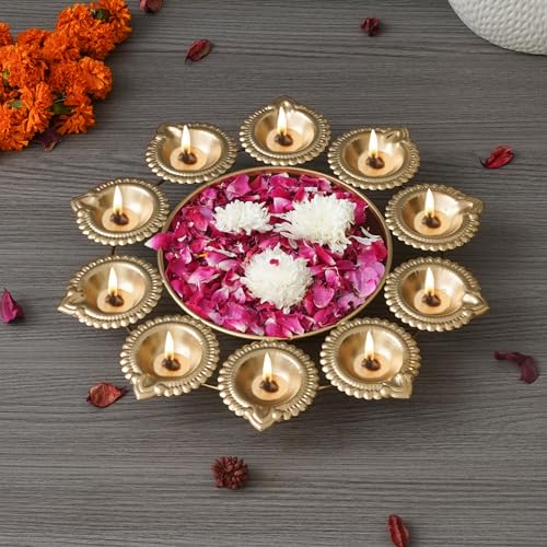 eCraftIndia Golden Metal Handcrafted Flower Decorative Urli with 10 Diyas | Urli Bowl for Home Decor Floating Flowers | Diwali Decoration Items for Home Decor | Housewarming, Diwali Gift
