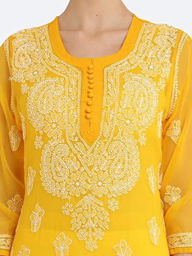 Image of FAWOMENT Women's Designer Straight Georgette Hand Embroidered Lucknowi Chikankari Kurta Designed in Side Jhaar Pattern Alongwith Slip