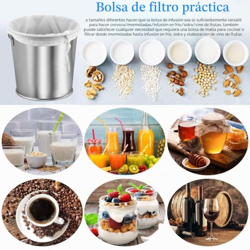 Miniatura 7 de Wantouth 2 Pcs Bolsa Colador De Malla Fina Bolsa De Filtro De Cerveza De 2 Tamaños Bolsa Para Leches Vegetales Reutilizable Bolsa De Leche De Nuez Para Colar Vino Café Zumo Mermelada- 50x40cm 20x30cm