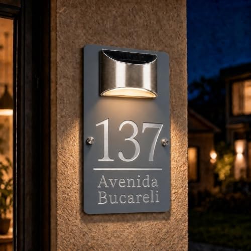 Solar Powered House Numbers for Outside, Custom LED House Number Sign with Hidden Keyhole Mount, Outdoor Warm White Lighted Address Plaque for Front Door, Yard and Garage(Gray - Silver)