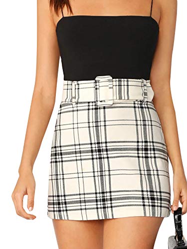 Floerns Women s Plaid Skirt High Waist Belted Bodycon Mini Skirt Black and White S
