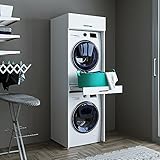 Roomart • Waschmaschinenschrank für Trockner & Waschmaschine • mit Ausziehbrett • Weiß • Schwarz Eiche • Überbauschrank (- Weiß, Mit 22 cm Klappschrank)