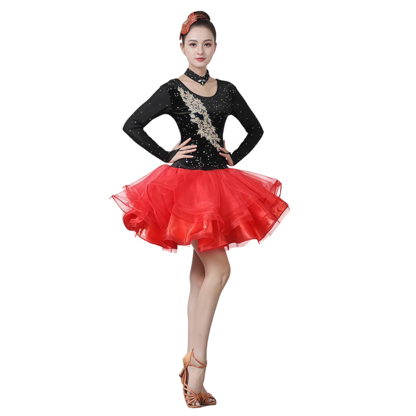Abito da Ballo Latino per Donna, Vestito Intero Nero E Rosa con Strass E Gonna Corta A Strati, Abito Scintillante per Esibizioni di Cha-Cha, Rumba E Samba