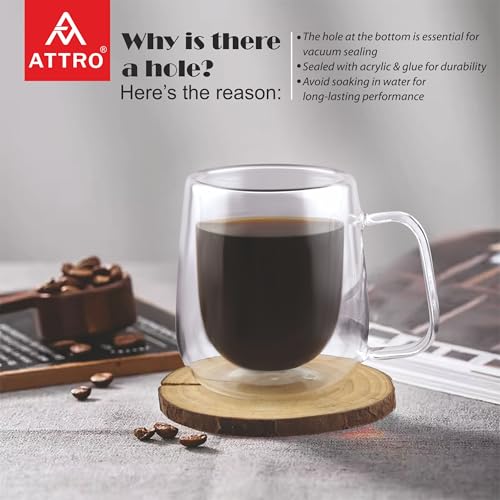 Image of ATTRO Glassox Duo Coffee Mug Double Wall - 250ml, Heat Resistant Borosilicate Glass, Ideal for Hot & Cold Beverages, Tea, Latte, Espresso