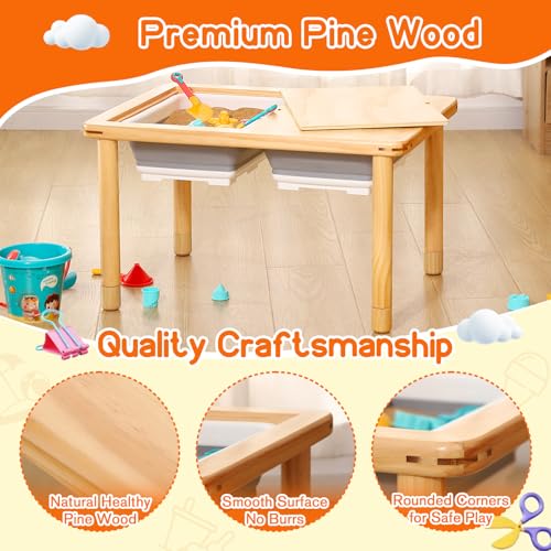 Image of FUNLIO Wooden Sensory Table for Toddlers 1-5, 3-Level Height Adjustable Kids Activity Table with Anti-Warping Plywood Lid, Indoor /Outdoor Play Sand and Water Table, CPC Certified