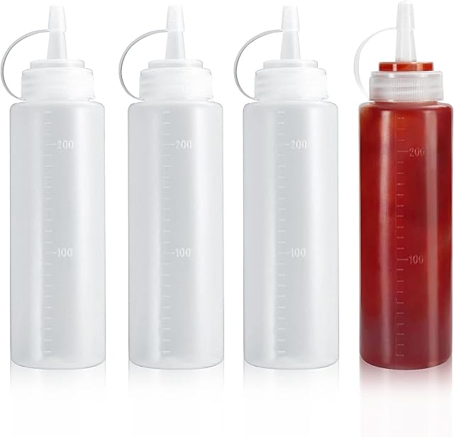 Jc.upin 4 Pack Squeeze Bottle - 8oz / 250ML Plastic Squeezy Sauce Bottles with Cap, Squeeze Condiment Bottles Dispensing Bottles for Sauce, BBQ, Paint and Olive Oil, Icing, Liquids, Art, Crafts
