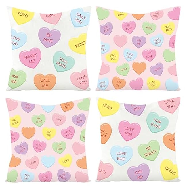 WATINC 4Pcs Valentine¡¯s Day Candy Conversation Cute Heart Throw Pillow Covers, Burlap Hearts Love Cushion Case Decoration for Sofa Couch, 2 Designs Square Valentine Theme Party Home Decor (18 x 18 In)