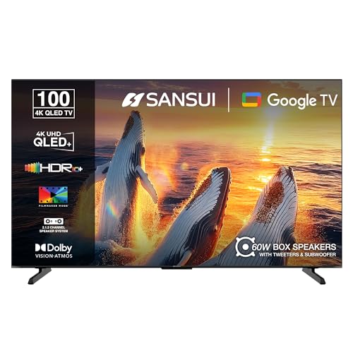 Image of SANSUI 254cm (100) 4K QLED+ Smart Google TV with Dolby Vision, HDR10+, Antiglare Display, 60W Dolby Atmos Sound with Subwoofer, 120Hz Refresh Rate, MEMC JSW100GSQLEDFF (Black)