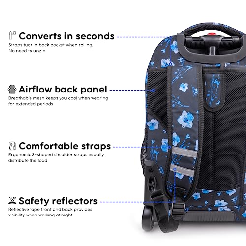 Image of J World New York Sundance Rolling Backpack Girl Boy Roller Bookbag, Night Bloom, 20 X 13 X 9 (H X W X D), RBS-19 NIGHT BLOOM