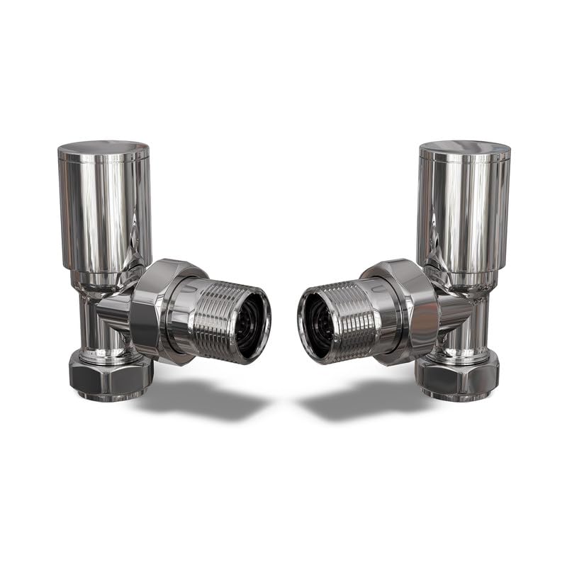 UK Radiators Round Chrome Radiator Valve Pair - Chrome Polished Finish - Classy and Modern Design 1/2" x 10mm Angled Radiator Valve Pair - Pair of Valves — image 1