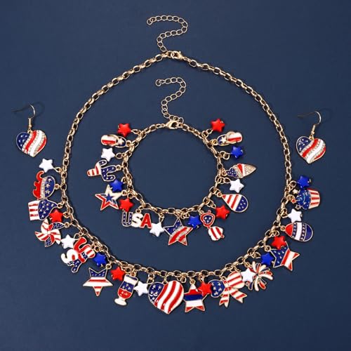 Aratlench 4Th Of July Earrings Necklace Bracelet American Flag Star Usa Heart Icream Butterfly Charm Necklace Bracelet Fourth Of July America Patriotic Jewelry Set For Women thumb #4