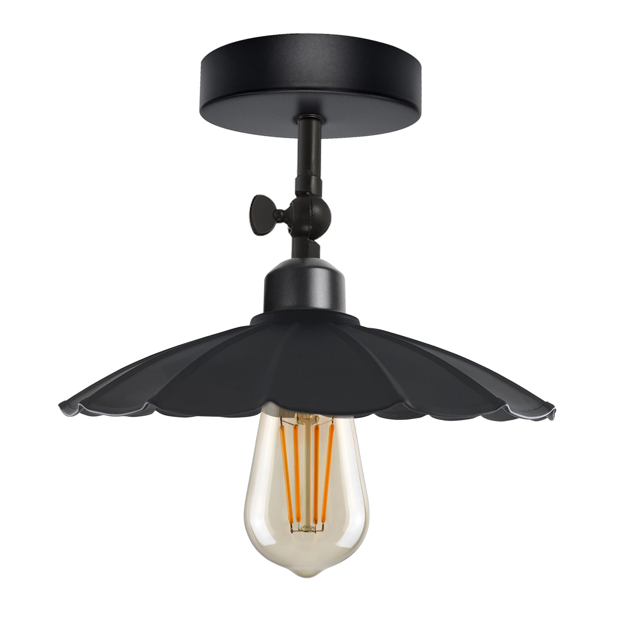 LEDSone Modern Industrial Retro Metal Semi-flush mount ceiling pendant with E27 holder lampshade lighting for home bedroom kitchen living room black color flower shape metal shade (style 1, with bulb)