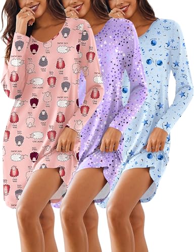 Long Sleeve Nightgown 3 Pack Super Soft Lightweight Night Shirts for Sleeping Sleepwear Casual Print Sleepdress