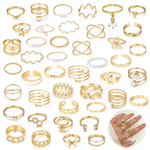 Agogue - Lot de 43 bagues ajustables en or, bagues en or pour pouce, bagues dorées étanches pour femmes, bagues pour femmes et filles, bijoux de mode