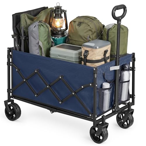 SONGMICS Carro de Mano Plegable, Carreta, Carrito de Jardín, Compacto y Pequeño, con Asa, con 4 Ruedas Reforzadas, 2 Universales, Carga hasta 150 kg, 150 L, Exterior, Azul Noche GFW150QE01