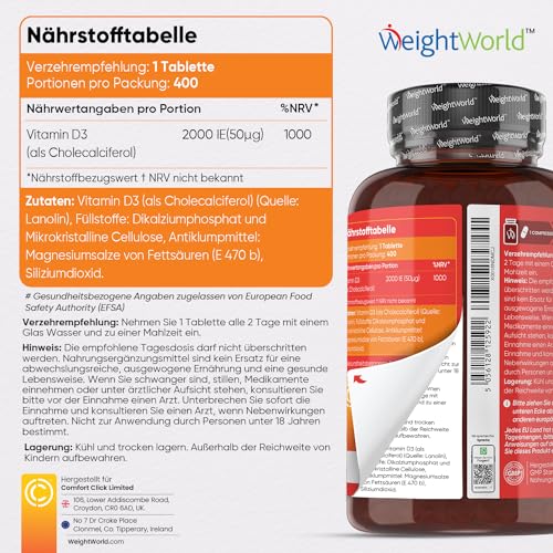 Vitamin D3 Tabletten 2000 I.E. von WeightWorld – 400 Stück