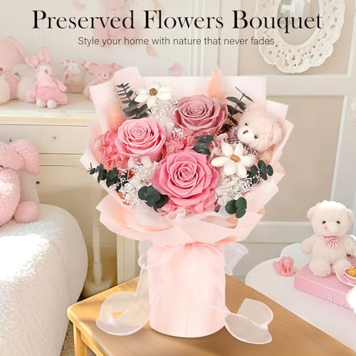 Preserved Flowers Bouquet with Bear, 3 Real Forever Flowers for Delivery, Long-Lasting Pink Eteranl Roses Bouquet Birthday Gifts for Women, Mother, Wife, Her - Image 4