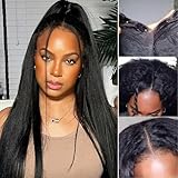 VIVIBABI V Part Wig Kinky Straight Human Hair No Leave Out Upgrade Human Hair for Women V Part Wigs No Sew In No Glue 180% Density Natural (24 inch)