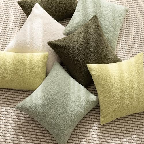 Image of Foindtower Pack of 2, Curly Faux Fur Decorative Throw Pillow Covers Soft Fuzzy Plush Cushion Case with Zipper Cozy Pillowcase for Home Living Room Couch Bed Sofa 18 x 18 Inch, Sage Green