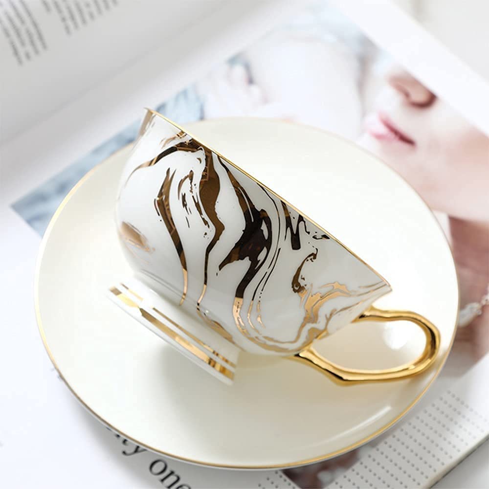 Taza de té de cerámica Vintage, Taza de café Elegante con Adornos de Oro, Tazas de té de Hueso Real con Juego de platillos