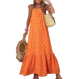 Dokotoo Women Summer Dresses 2024 Spaghetti Strap Scoop Neck Smocked Ruffle Flowy Boho Maxi Dress