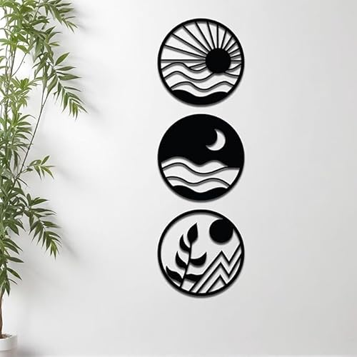 Modern Boho Round Wall Art Set, Pine Wood Abstract Nature Decor, Black Laser Cut Design, 30.5 x 30.5 Centimeters, 3 Pieces