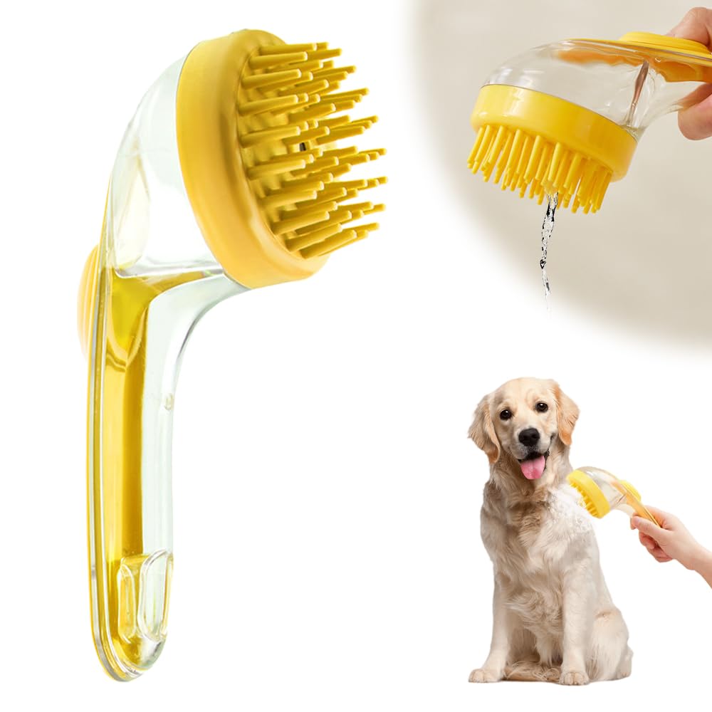 XieJY Pet Bath Brush with Shampoo Dispenser, 2025 New Dog Bath Brush Soft Silicone Bristle for Bathing Pets Grooming Massage Brush (Yellow)