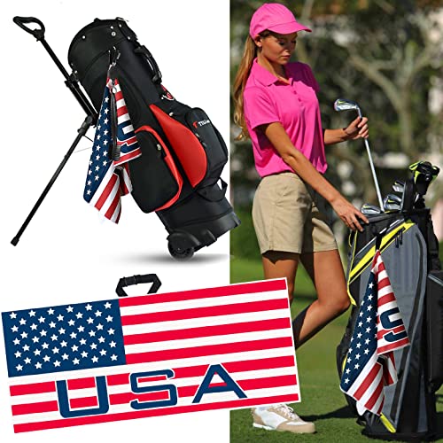 Golf Towels For Golf Bags For Men Women With Golf Club Brush Groove Cleaner Set 14″X42″ Towel Golfing Accessories Cleaning Kit Gifts For Golfers (Blue&Red-Usa Flag Towel + Brush) #TOP6