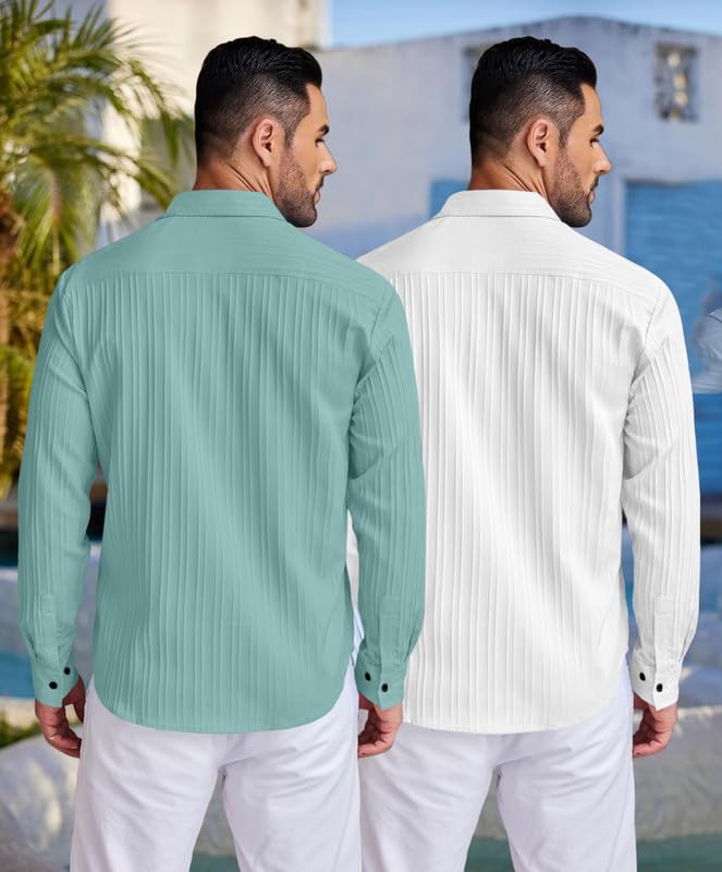 Image of FINIVO FASHION Men's Cotton Blend Shirt Set Lightweight, Full Sleeves, Plain Texture, Button Closure, Summer Ready (Pack of 2)