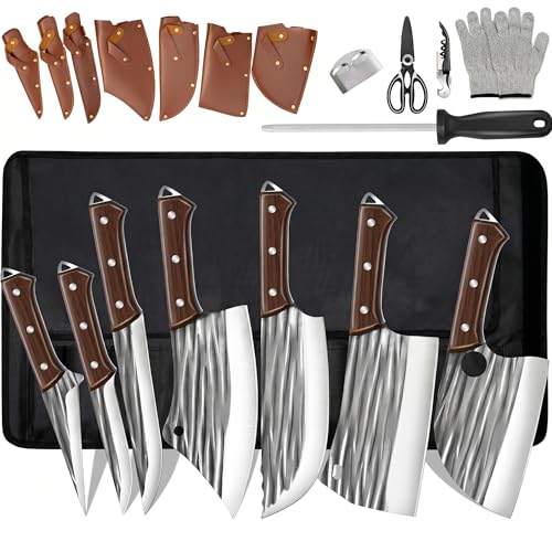 ZENG Set de Couteaux de Cuisine 14 Pièces avec Malette – Couteau Boucher, Désosseur, Chef – Lames Acier Revêtement Anti-Adhésif – Manche Bois –...