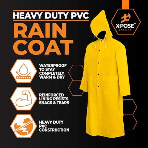 Xpose Safety Heavy Duty Yellow Rain Coat – .35mm PVC 48in Raincoat Jacket with Detachable Hood - Waterproof - Storm Weather, Raining, Fishing, Wet Work Conditions - Medium - Thumbnail 2