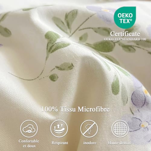 Housse de couette fleurie 220x240 cm blanche et violette avec 2 taies Freyamy