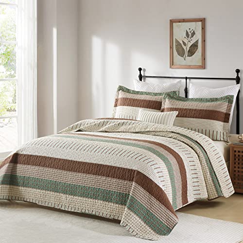Pangushan 100% Cotton Quilt Set King Size, Patchwork King Quilt Bedding Set Bedspreads, Farmhouse Lightweight Comforter Reversible Quilt, Green/Brown/Beige Bed Spread For All Season, 3 Pieces #TOP1
