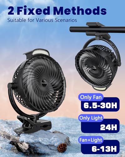 Tenvolti 10000mAh Clip on Fan, 8-Inch Golf Cart Fan Rechargeable with LED Light, 9 Speeds Strong Airflow, Ultra Quiet, 30Hrs Runtime, 360° Rotation, Cooling for Bed Camping Office Desk Dorm, Black — view 5