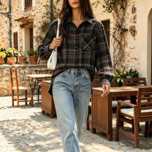 Button Down Shirts for Women Long Sleeve Plaid Stand Collared Tunic Blouses - image 6