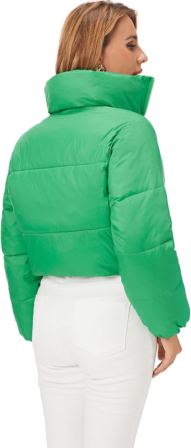 Fuinloth Women's Puffer Jacket, High Stand Collar Zip Pocket Crop Long Sleeve Coat