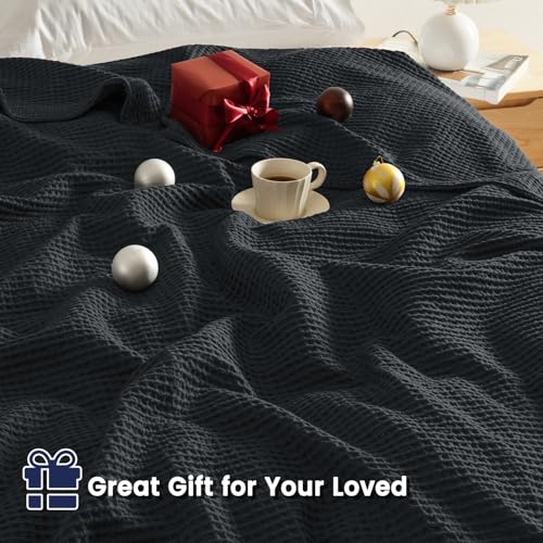 Image of PHF 100% Cotton Waffle Weave Throw Blanket 50 inch x 60 inch - Lightweight Washed Soft Breathable for Adults and Kids - Perfect Layer for Couch Bed Sofa - Elegant Home Decoration Gift - Black
