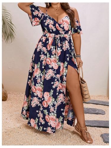 Image of Floerns Women's Plus Size Cold Shoulder Short Sleeve Split Thigh Long Dress
