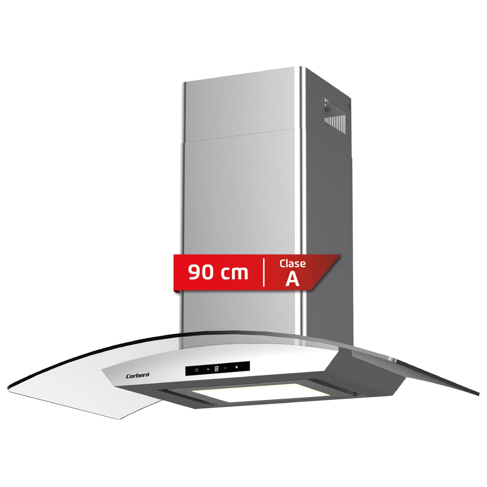 Corbero - Campana Extractora Horizontal 90cm | FUJI975XGLASS | 720.2 m3/h| 67db| 235W | 4 Velocidades | Control Touch| Panel LED| Filtro Aluminio + Filtro Carbón | Acero Inoxidable-Cristal
