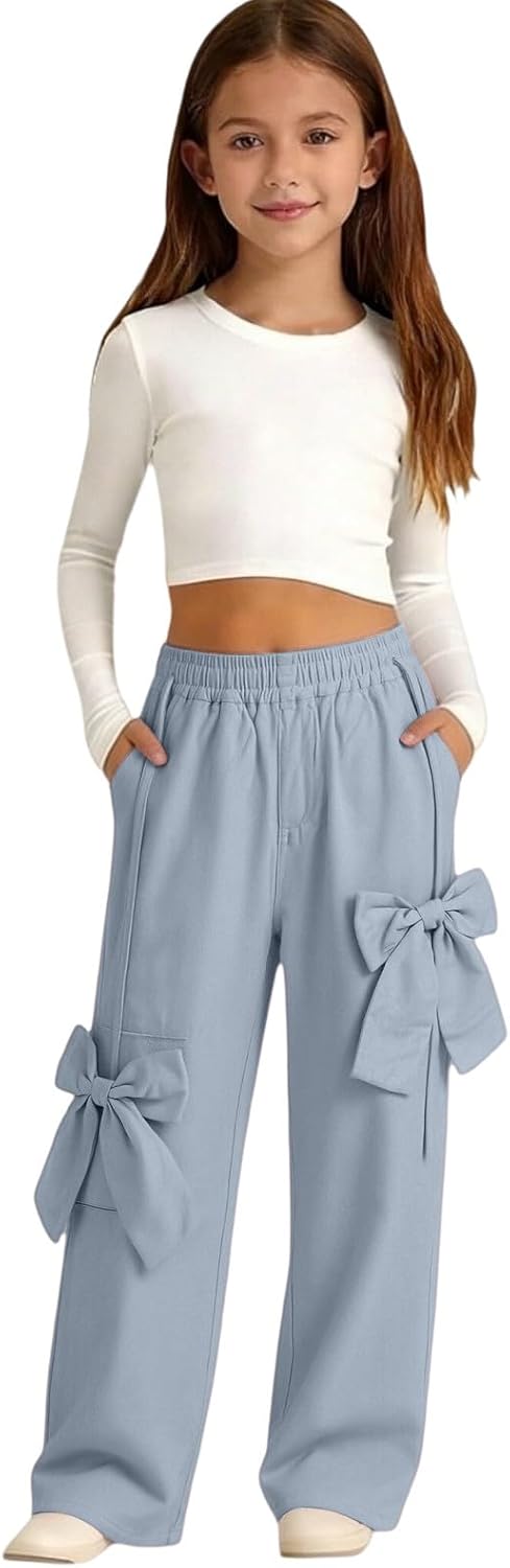 Girls Bow Wide Leg Pants Teen Baggy Elastic Waist Parachute Trousers Athletic Dance Cute Loose Straight Casual