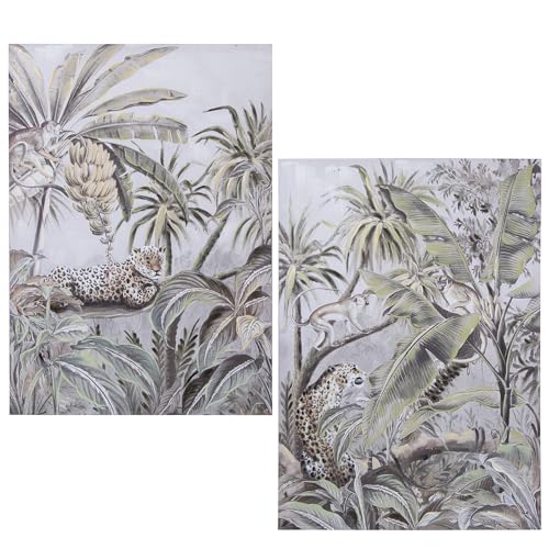 DRW Set von 2 Gemälden im Stil einer Leinwand mit Palmen in Grün- und Grautönen, 70 x 100 x 3 cm