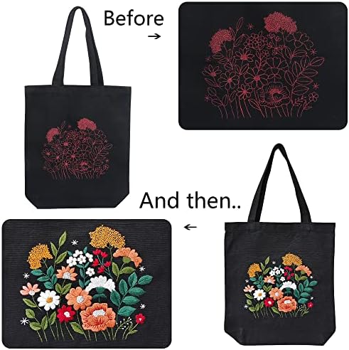 MAMUNU Canvas Tote Bag Embroidery Kit with Pattern for Beginners, Arts and DIY Crafts Kits for Adults, Include Instructions Embroidery Bag, Embroidery Hoops, Color Threads and Tool (Black) - 4