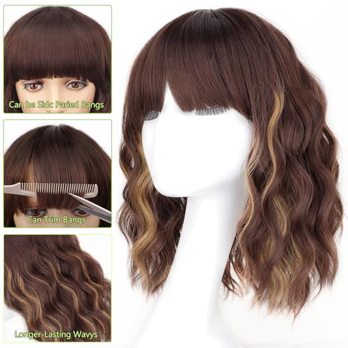 Image of AISI HAIR Curly Bob Wig with Bangs Short Wavy Chestnut Mixed Dark Brown Color Wigs for Women Bob Style Synthetic Heat Resistant Bob Wigs