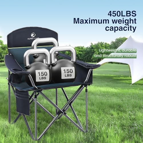 HIGH POINT SPORTS Camping Folding Chair, Heavy Duty Oversized Portable Outdoor Chair, Foldable Camp Chair with Cup Holder and Cooler Bag Support 450 LBS, Green…