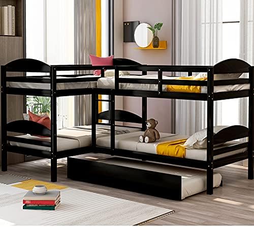 King Bed Frame with Headboard, Queen Platform Bed, LJR Versatility Galore Maximized Space Solid Construction Designed for Your Family’s Safety Twin L-Shaped Bunk Bed with Trundle/Espresso