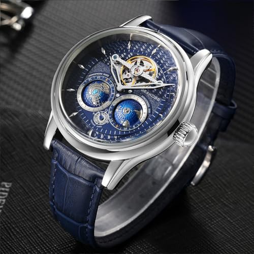 Image of SEAKOSS Luxury Automatic Mechanical Watch for Men, 47mm Skeleton Dress Watch with Dual Hemisphere Dial, Self Winding Movement, Genuine Leather Strap, 5ATM Waterproof