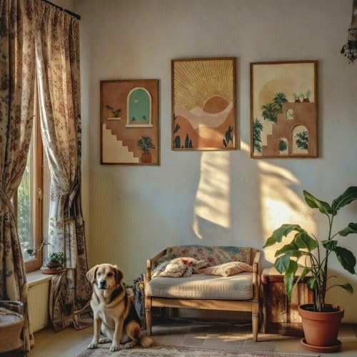 Image of Livin'luxe Set of 3 Desert Arch Wall Art Premium MDF Wooden color Color Framed HD Sparkle Lamination Printed Boho Sunset Landscape Painting for Living Room Bedroom Home Decor